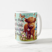 Mug Vache Highland avec papillons et fleurs printanièr (Devant droit)