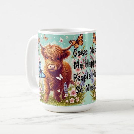 Mug Vache Highland avec papillons et fleurs printanièr (Devant gauche)