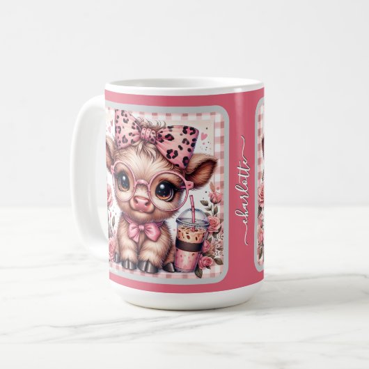 Mug Vache Highland bébé personnalisée avec un nœud en  (Devant gauche)
