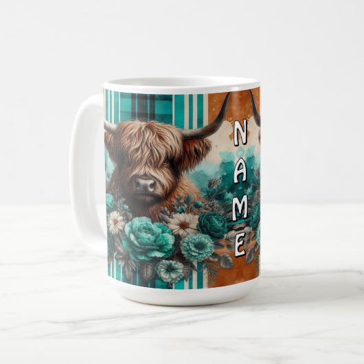 Mug Vache Highland élégant avec Floral et Géométrique (Devant gauche)