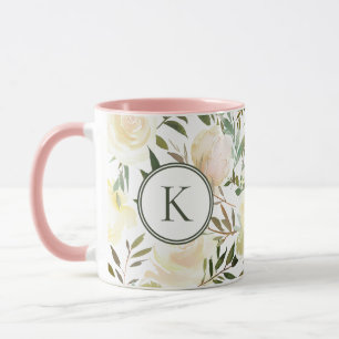 Mug Vanille florale romantique Aquarelle blanche Monog
