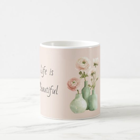 Mug Vase Vert Fleurs de Renoncule Roses (Centre)