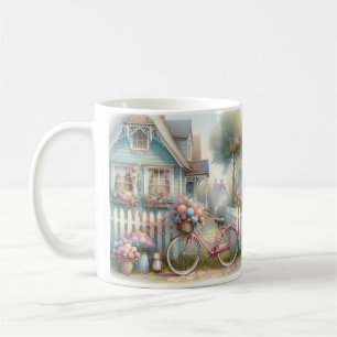 Mug Vélo à fleurs roses à la porte du cottage bleu