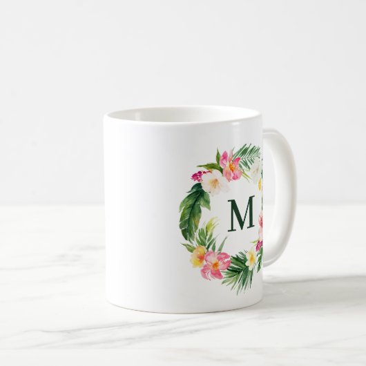 Mug Verdure tropicale et fleurs Monogramme de couronne (Devant droit)