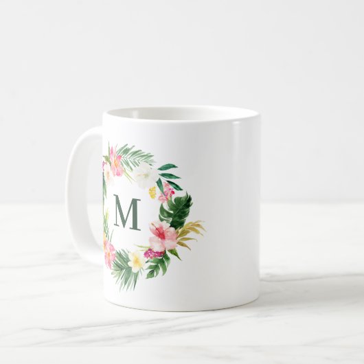 Mug Verdure tropicale et fleurs Monogramme de couronne (Devant gauche)