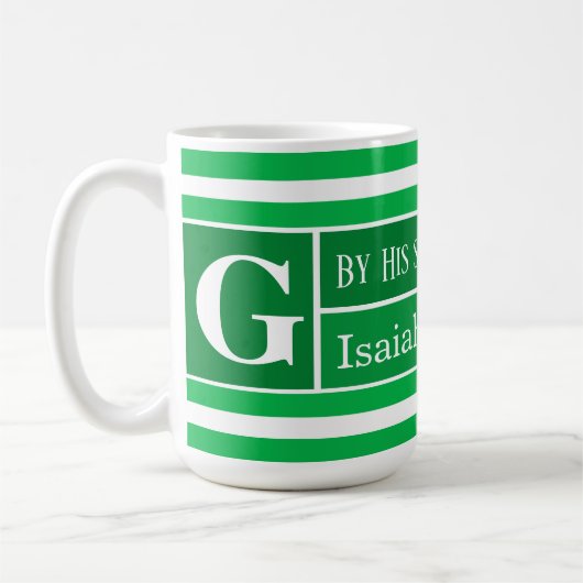 Mug Verset biblique de guérison vert rayé initial (Gauche)
