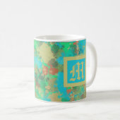 Mug Vert, jaune et bleu gouttes abstrait monogramme (Devant droit)