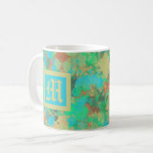 Mug Vert, jaune et bleu gouttes abstrait monogramme (Devant gauche)