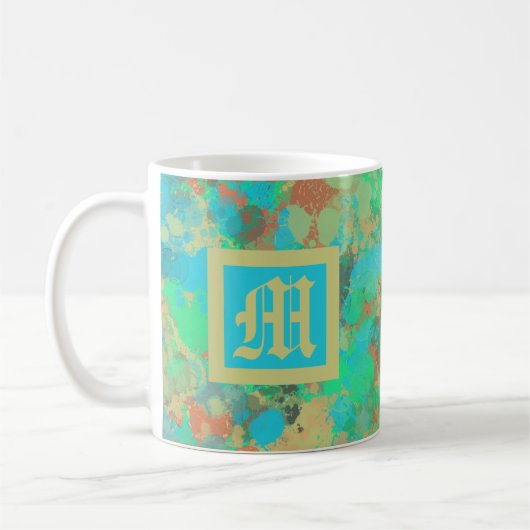 Mug Vert, jaune et bleu gouttes abstrait monogramme (Gauche)