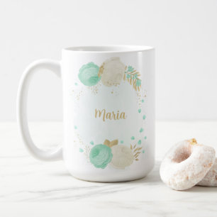 Mug vert menthe fleurs blanches or floral mariage
