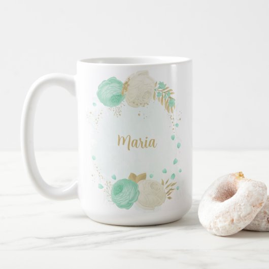 Mug vert menthe fleurs blanches or floral mariage (Avec donut)