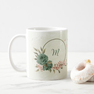 Mug vert sauge rose fleurs 