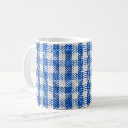 Mug Vêtements de table recouverts de blanc bleu. (Devant gauche)