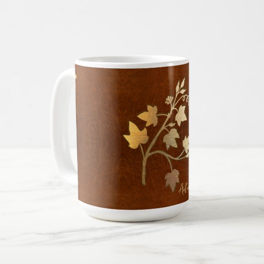 Mug Vibes d'automne vigne dorée branche cuir brun (Devant gauche)