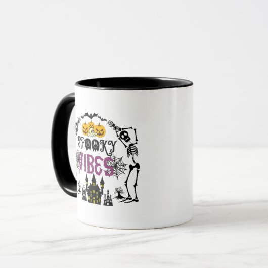 Mug Vibes éffrayantes Skeletons Skuls Spiderwebs Hallo (Devant gauche)