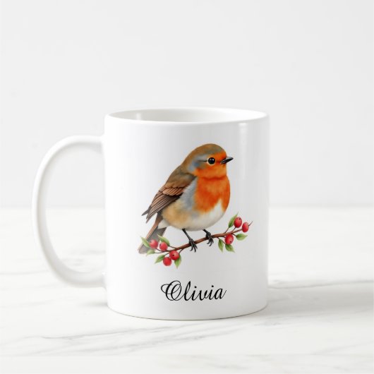 Mug Vibrant Watercolor Robin on Holly Branch Custom (Gauche)