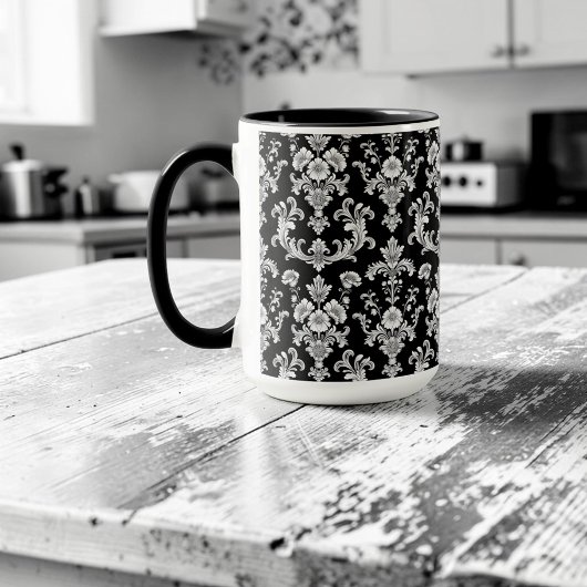 Mug Victorian Black and White Damask Pattern