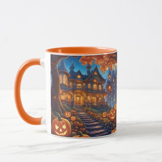 Mug villa éffrayante dans la forêt, citrouilles, Hallo (Gauche)