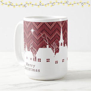 Mug Village de Noël rustique rose en chevron tricoté
