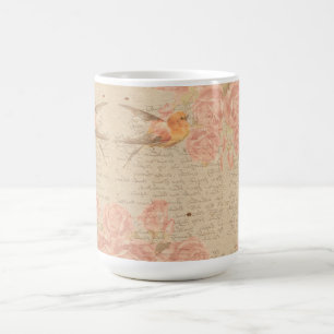 Mug Vintage Antique Shabby Chic Script & Bird Floral