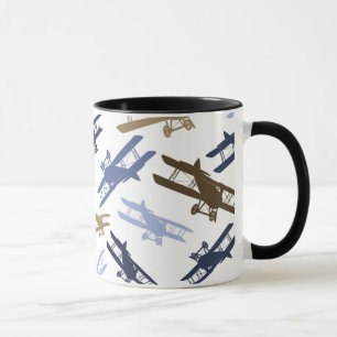 Mug Vintage Biplane Motif d'avion bleu Brown