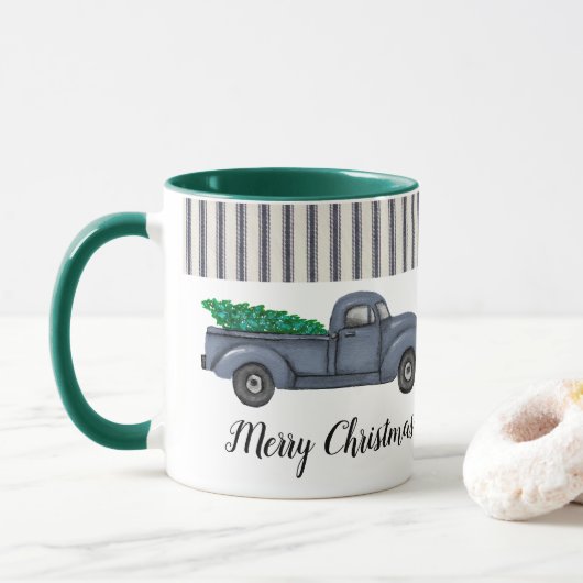 Mug Vintage Bleu Arbre de Noël Camion Musique (Avec donut)