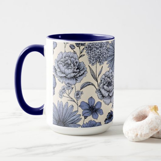 Mug Vintage Blue Toile Floral Botanical Pattern (Avec donut)