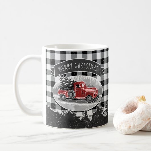 Mug Vintage Camion Rouge Buffle noir Plaid Noël (Avec donut)