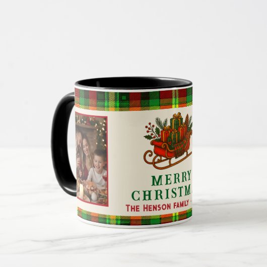 Mug Vintage Christmas Sledge Gifts Plaid 2 Photos (Devant gauche)