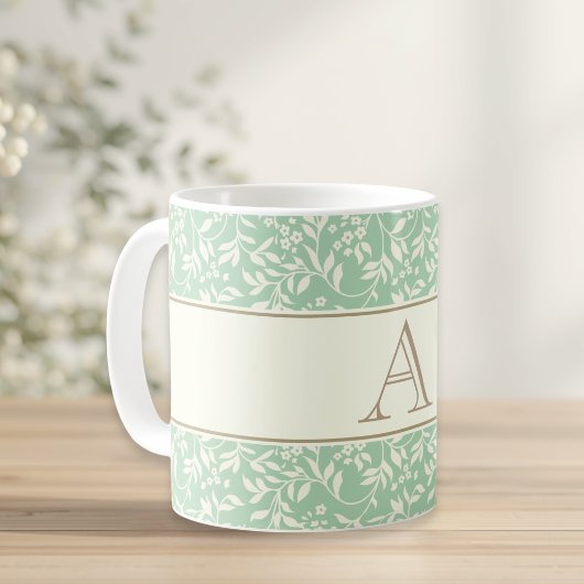 Mug Vintage Élégant Monogramme Floral Vert