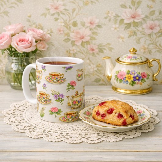 Mug Vintage Floral Teapot Teacup Pattern