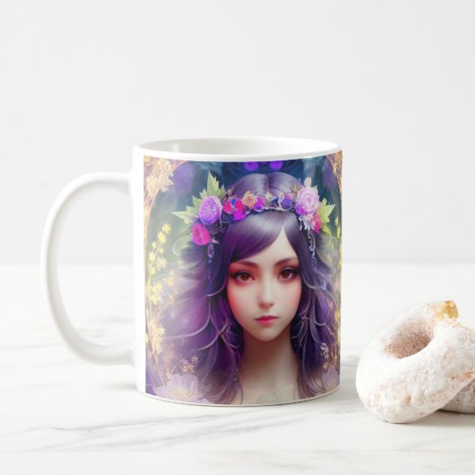 Mug Vintage Mucha Style Belle femme Portrait (Avec donut)