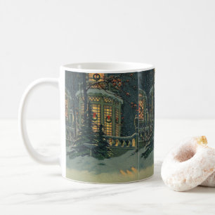 Mug Vintage Noël, Maison avec des couronnes dans Windo