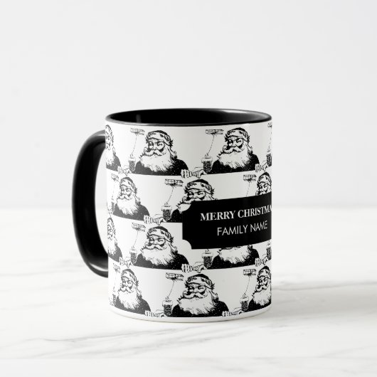 Mug Vintage Noël Père Noël Noir Blanc Nom (Devant gauche)
