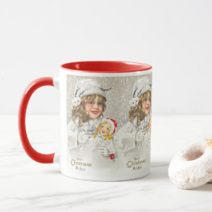 Mug Vintage Noël Victorienne fille avec poupée en neig