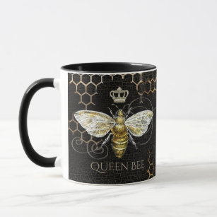 Mug Vintage Queen Bee Royal Crown Honeycomb Noir
