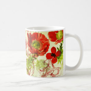 Mug Vintage Red Green Poppies Fleurs sauvages d'été