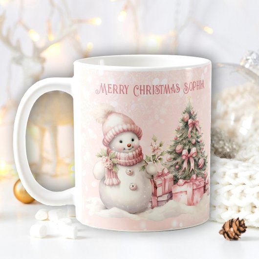 Mug Vintage rose Noël Snowman Nom personnalisé Neige