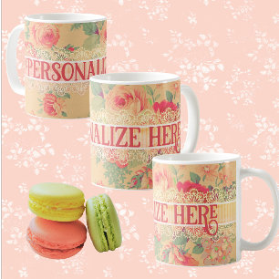 Mug Vintage Shabby Chic Floral Roses Personnalisé