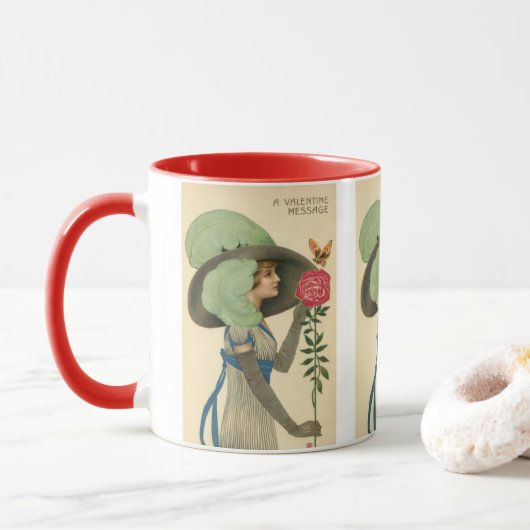 Mug Vintage Valentine's Day, Lady Red Rose Butterfly (Avec donut)