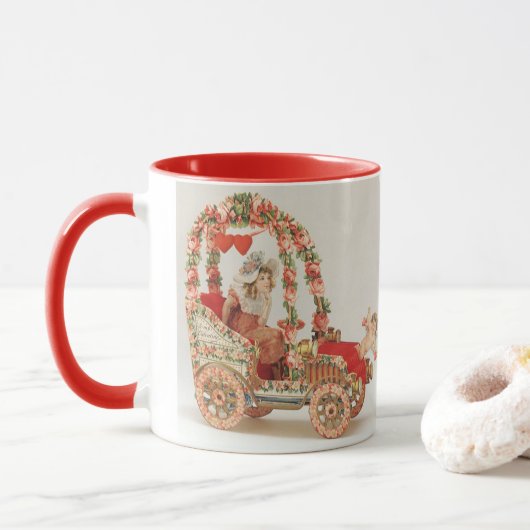 Mug Vintage Valentines Victorienne, Voiture avec Fleur (Avec donut)