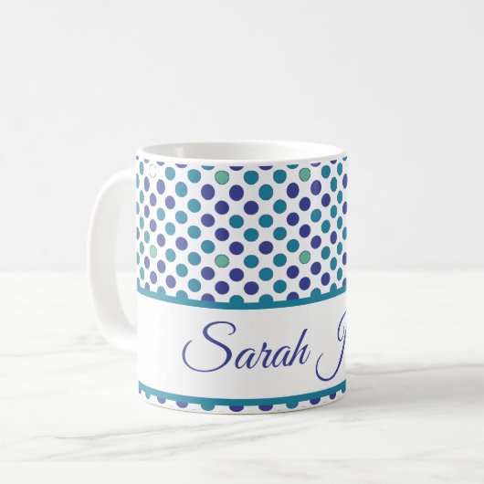 Mug violet clair et pois bleu Nom de script personnali (Devant gauche)