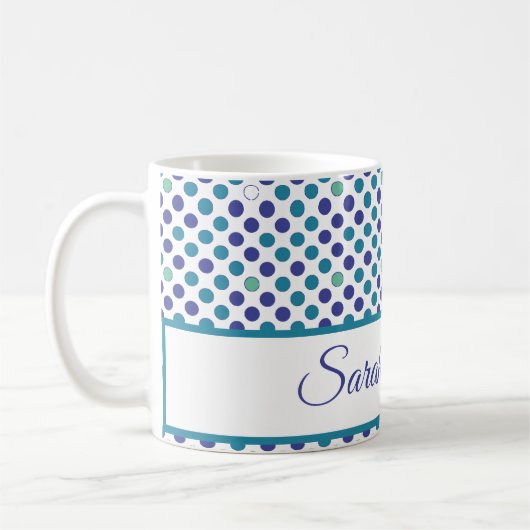 Mug violet clair et pois bleu Nom de script personnali (Gauche)