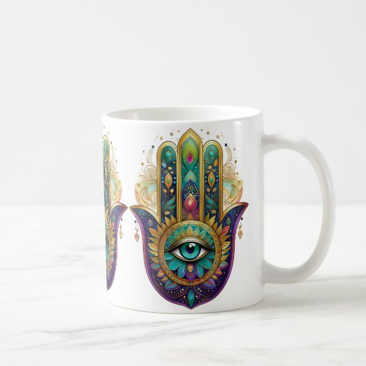 Mug Violet Green Gold Petals Hamsa Turquoise Third Eye (Droite)