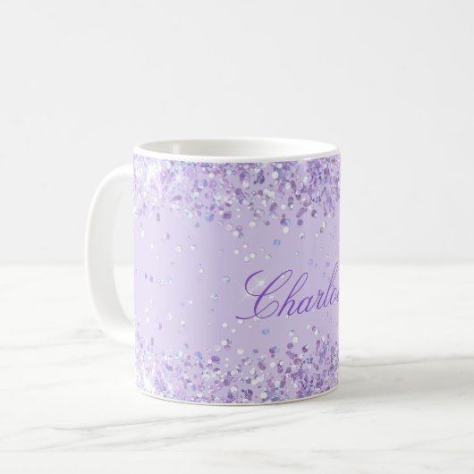 Mug Violet lavender glitter dust name script elegant (Devant gauche)