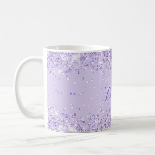 Mug Violet lavender glitter dust name script elegant (Gauche)