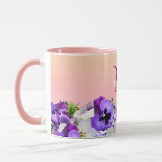 Mug Violet pansière fleurs sur pêche avec nom monogram (Gauche)