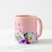 Mug Violet pansière fleurs sur pêche avec nom monogram (Devant droit)