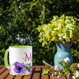 Mug Violet pansies fleurs blanc nom monogramme