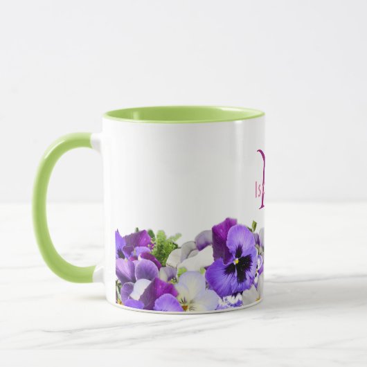 Mug Violet pansies fleurs blanc nom monogramme (Gauche)
